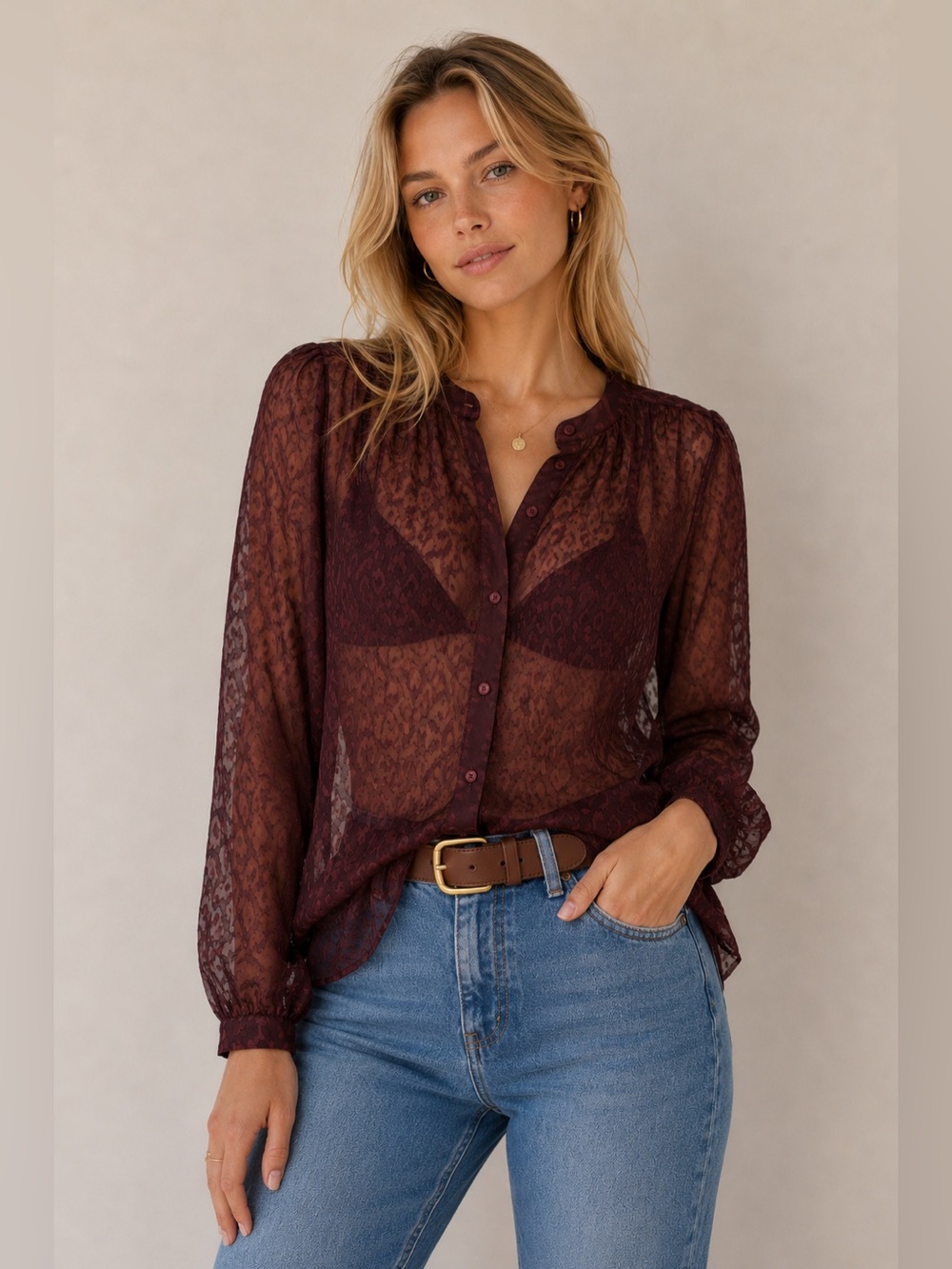 Banana Republic XS Burgundy Sheer Long Sleeve Top